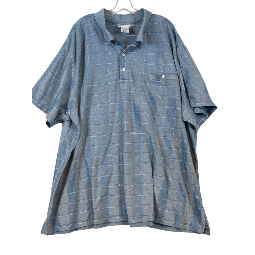 King Size Mens 5XL Blue Textured Grid Short Sleeve Polo Shirt Pocket Big & Tall
